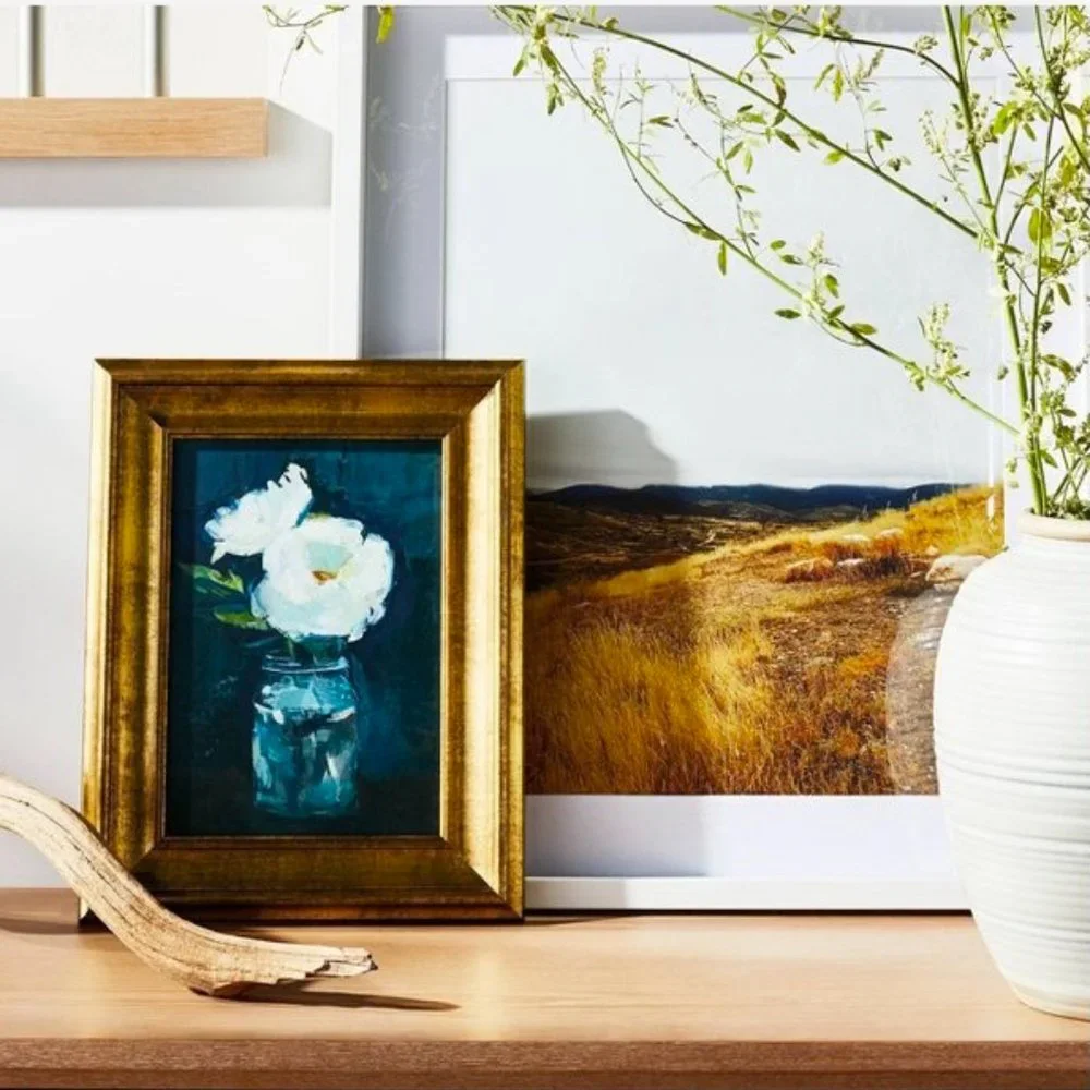 NWT Studio McGee Art Print Gold Framed Navy Blue White Floral Wall Canvas - Picture 2 of 5